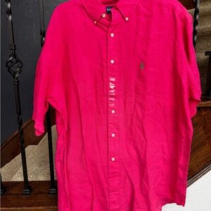 New Men's Pink Polo Shirt Large Ralph Lauren New short sleeve Linen